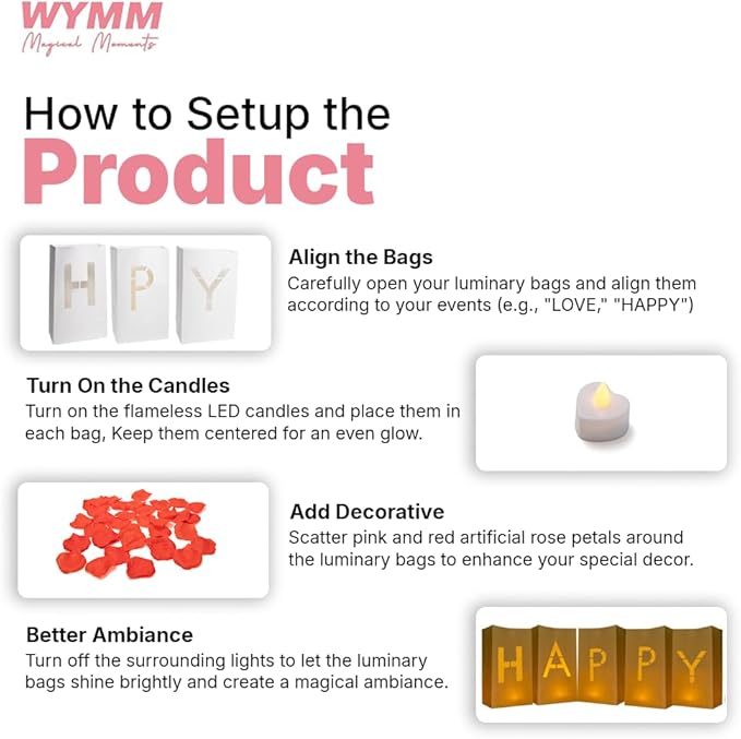 “MR & MRS” light up letters with Tealight Candles and Rose petals included. Luminary Paper Bags to be used as Wedding Decorations for Reception or as Newlywed Gift for the Honeymoon Suite