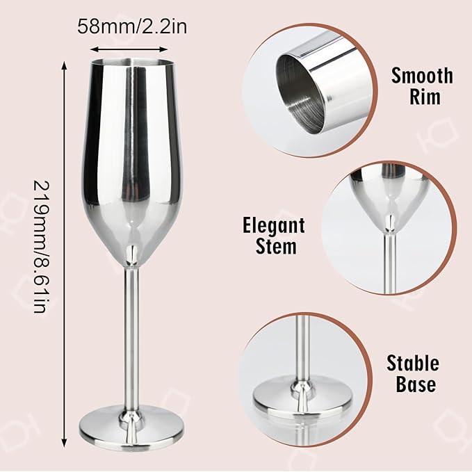 TJ Unbreakable 8 Oz Stainless Steel Champagne Flutes (4 Pack)- Silver Champagne Glasses - Reusable Indoor Outdoor Drinkware - Keeps Drink Cool for Longer - Gift Idea