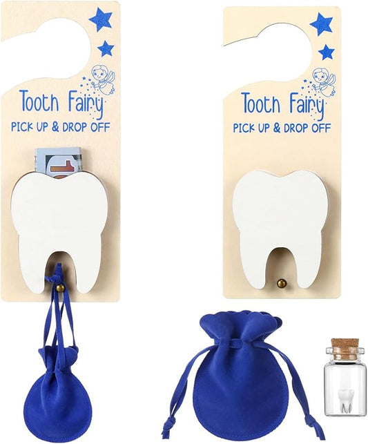 Tooth Fairy Holder Bag Door Hanger with Money Slot Keepsake Bottle Velvet Pouch Teeth Fairy Box Encourage Gift for Lost Teeth Boy Girl Milk (Classic,Dark Blue)