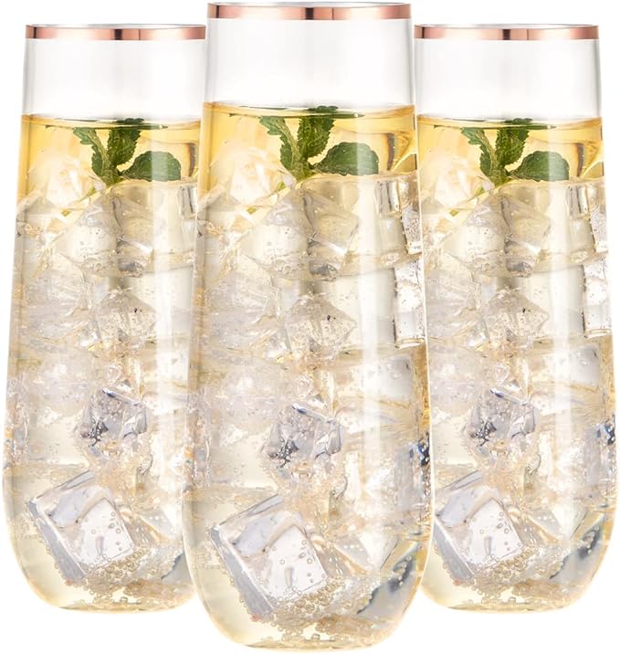 SUT 24PCS Rose Gold Champagne Flutes Plastic, 9oz Stemless Plastic Champagne Glasses, Rose Gold Rim Clear Toasting Glasses, Unbreakable, Shatterproof Mimosa Glasses, For Party,Shower