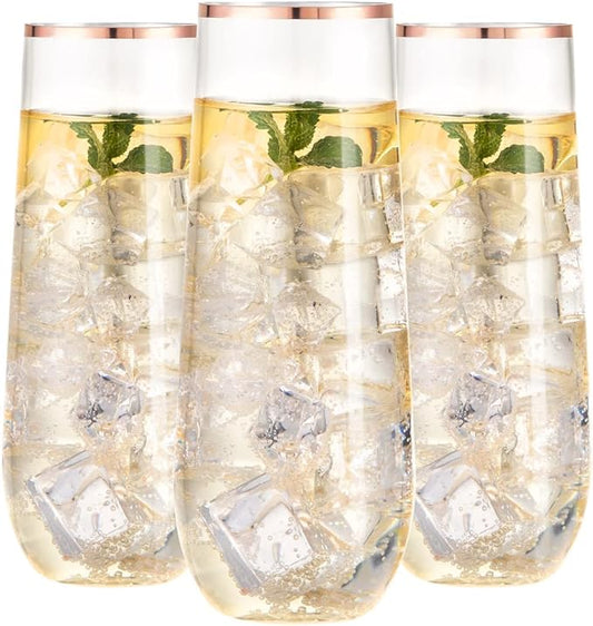 SUT 24PCS Rose Gold Champagne Flutes Plastic, 9oz Stemless Plastic Champagne Glasses, Rose Gold Rim Clear Toasting Glasses, Unbreakable, Shatterproof Mimosa Glasses, For Party,Shower