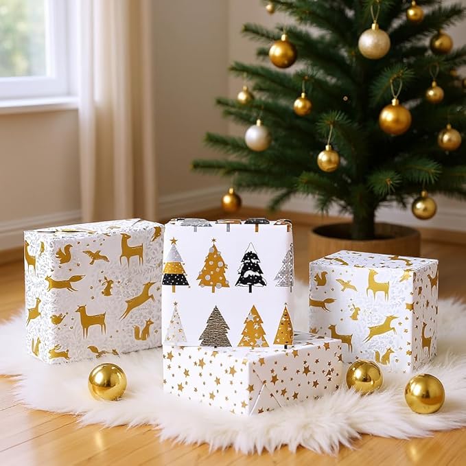 Miss DuiDui Christmas Gift Wrapping Paper, 3 Rolls, 17 inch x 9.8 feet, Gold Stars Animals Trees Xmas Design for Christmas, Party, Holiday, Kids Boys Girls, Baby Shower