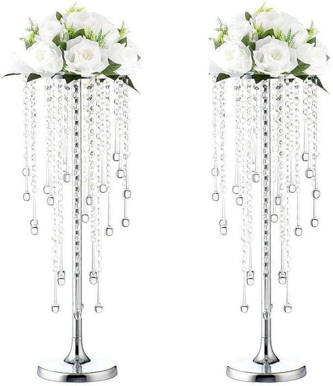 21.6in Wedding Center Stand, Silver Metal Flower Holders Centerpiece Vase with Crystal 2-Piece Charming Candle Holder,for Reception Tables Décor Wedding Anniversary Party Centerpieces