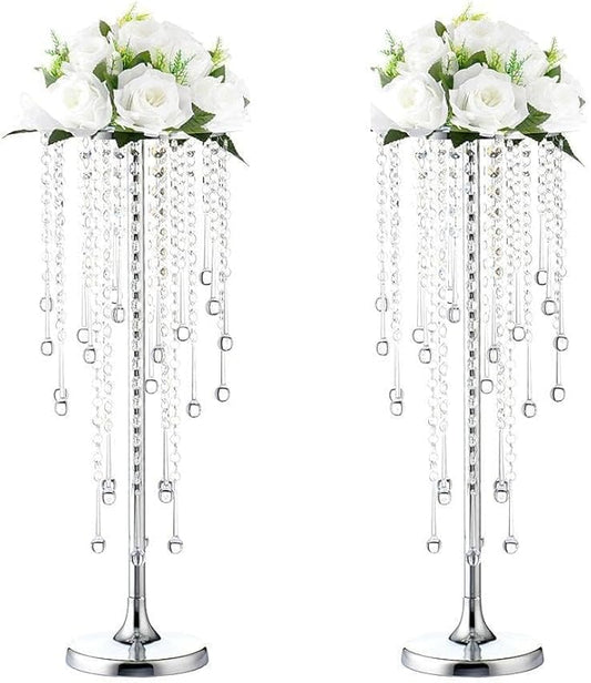 21.6in Wedding Center Stand, Silver Metal Flower Holders Centerpiece Vase with Crystal 2-Piece Charming Candle Holder,for Reception Tables Décor Wedding Anniversary Party Centerpieces