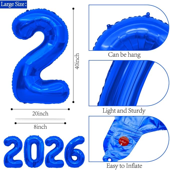 2026 Balloons, 40 Inch 2026 Number Balloons Royal Blue 2026 Balloon Large Foil New Year Balloon Numbers 2026 Mylar Baloons for Birthday Christmas Graduation New Years Eve Party Supplies Decorations