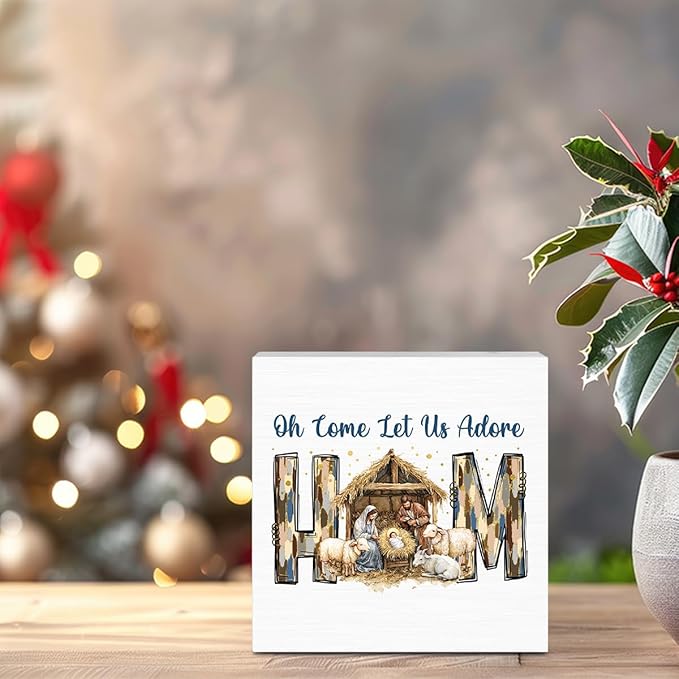 Oh Come Let Us Adore Him Sign Christian Christmas Decorations Religious Bible Gifts for Women Men Baptism Decorations for Home Desk Table Shelf 5 X 5 Inch