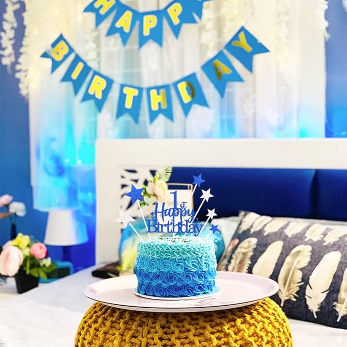 Glittery 1st Happy Birthday Cake Topper with Star,Personalised 1 Birthday Cake Toppers Party Decorations Party Supplies for Baby Boys Girls Blue