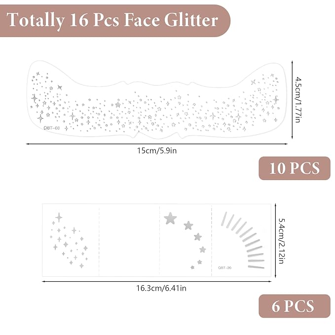 16 PCS Face Glitter, Silver Face Tattoos Stickers, Temporary Body Face Glitter, Makeup Patches for Women Girls Music Festival, Carnival Party, Halloween