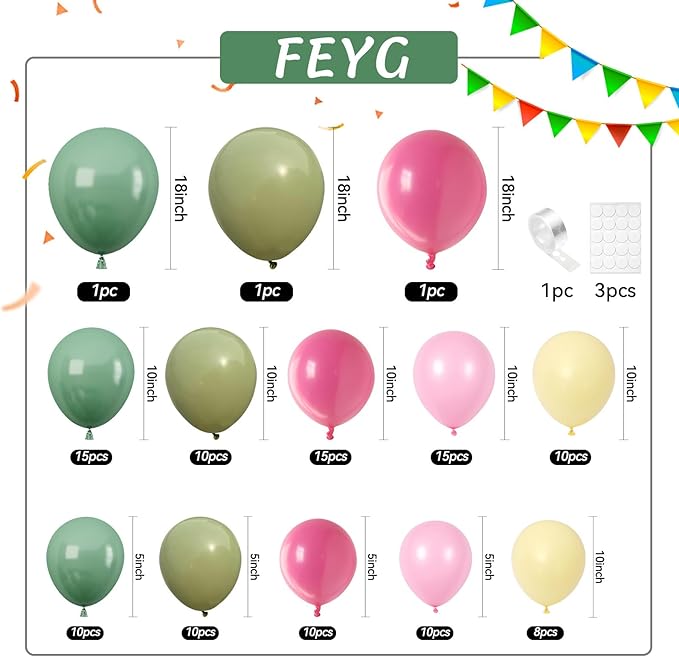 Pink Green Yellow Balloon Garland Kit, Dusty Green Hot Pink Olive Balloons Pastel Pink Yellow Balloon Arch Kit for Wedding Baby Shower Flower Theme Birthday Party Decoration