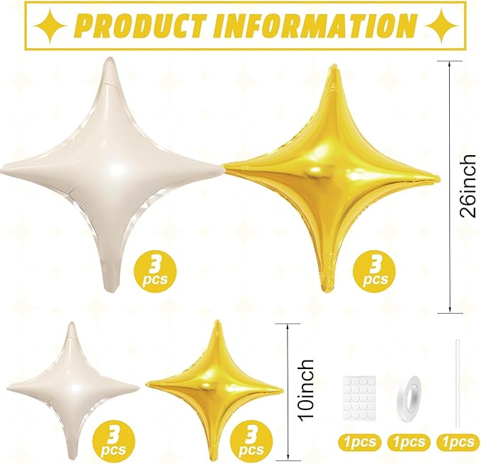 Cream White Gold Star Balloons,12Pcs Four Angle Star Foil Balloons,26Inch and 10Inch Sand White Gold Quadrangle Helium Balloon for Birthday Baby Shower Anniversary Party Decorations