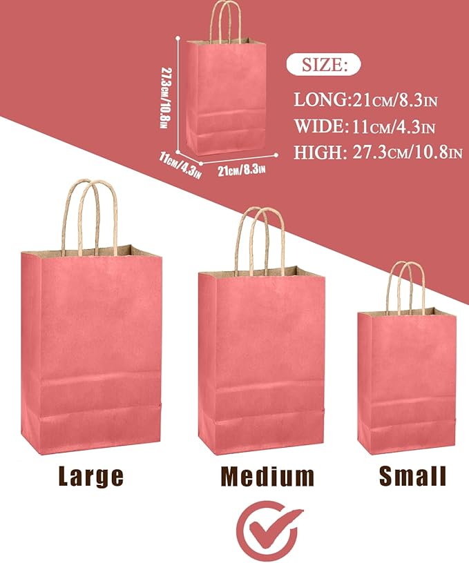 qiqee Pink Gift Bag with Handles Bulk 24Pcs Paper Bags -10.6"x8.3"x4.3"Party Favor Bags - Solid Color