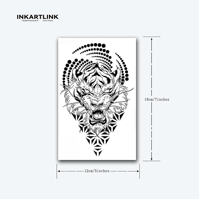 INKARTLINK Tattoo Tech,2 Sheets Extra-Large Semi Permanent Tattoo,Adult Art Design Temporary Tattoos, Lasts 1-2 Weeks, Waterproof, Realistic look, No Adhesive, No reflection (Hurricane Tiger Design）