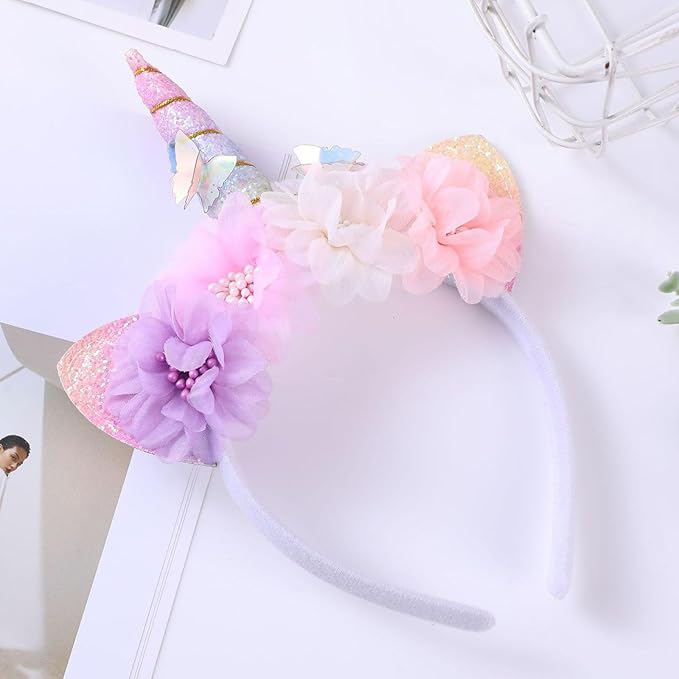 Unicorn Headband for Women - Flower Glitter Horn with Butterfly & Ears Headband, Magical Blossom Hair Accessory for Birthday Party Hair Decoration,Halloween Christmas Cosplay Hairband