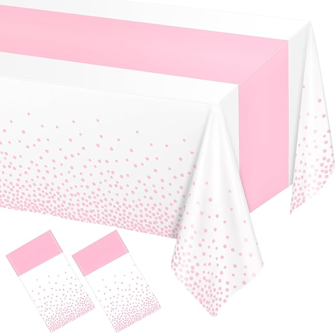 WNINK 2 Pack White and Light Pink Tablecloths, Light Pink Disposable Plastic Waterproof Table Cover, 54" x 108", for Birthday, Baby Shower，Wedding, Bridal Shower, Picnic Camping Parties