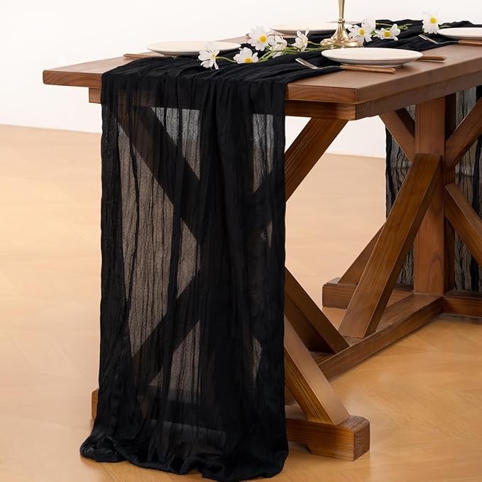 Socomi 10pcs Black Cheesecloth Table Runner Boho Rustic Gauze Fall Thanksgiving 120 inch 10FT Cheese Cloth Runner for Wedding Party Baby Shower Birthday Home Decor Holiday Decorations
