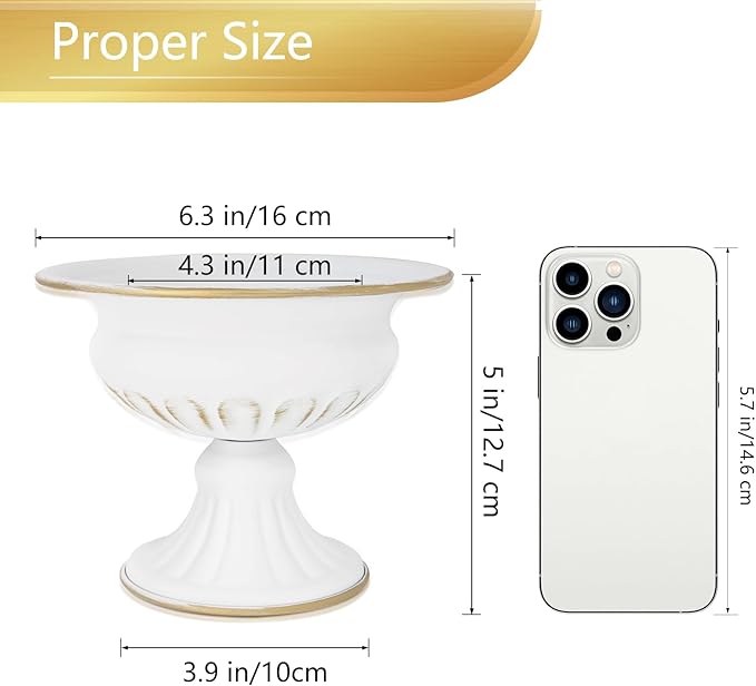 White Wedding Vases for Centerpieces: Small Flower Vase for Tables - 5 Inch Metal Compote Bowl Urn Pedestal for Party Anniversary Event Home Decor Set of 2