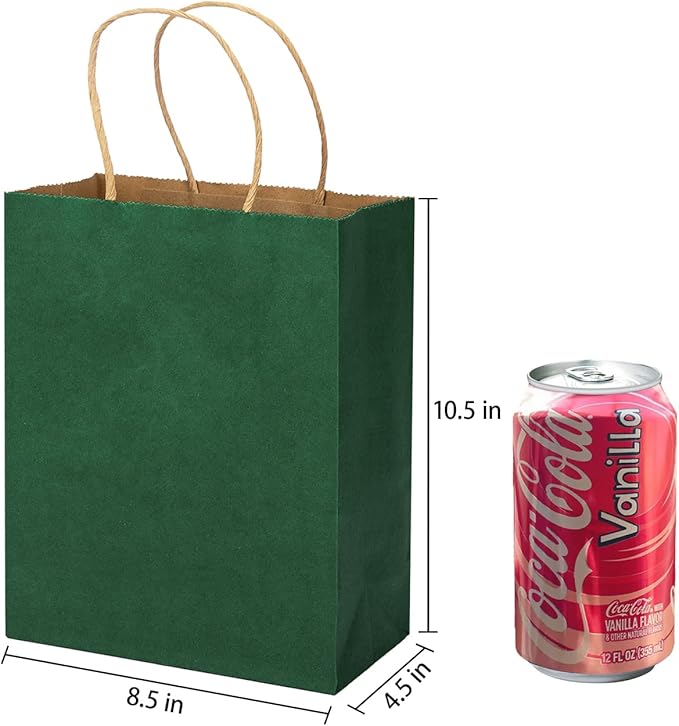 MOZRRO Gift Bags, 100 Pack 10.5x8.5x4.5 Inch, Paper Bags with Handles, Medium Size, Forest Green Gift Bag for Birthday, Wedding, Bulk, Party, Lunch, Goodie