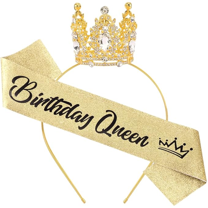 Birthday Queen Sash for Women Tiara & Crowns Headbands for Girls Happy Birthday Party Accessories Favor Supllies Leona Black Gold Pink, 2 Pack