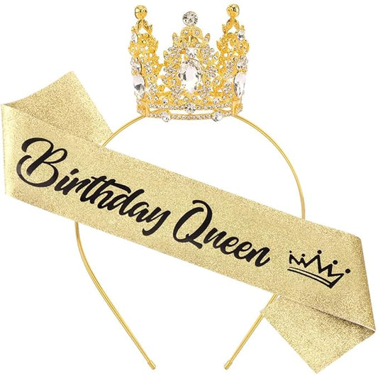 Birthday Queen Sash for Women Tiara & Crowns Headbands for Girls Happy Birthday Party Accessories Favor Supllies Leona Black Gold Pink, 2 Pack