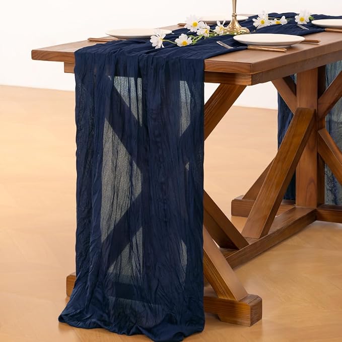Socomi Navy Blue Fall Thanksgiving Cheesecloth Table Runner Boho Rustic Gauze 120 inch 10FT Cheese Cloth Runner for Wedding Party Baby Shower Birthday Home Decor Holiday Decorations