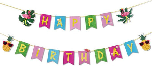 SUNBEAUTY Hawaiian Aloha Party Tropical Happy Birthday Banner Luau Birthday Flamingo Pineapple Palm Leaf Banner for Summer Birthday Party Decorations Supplies | Pre-Strung