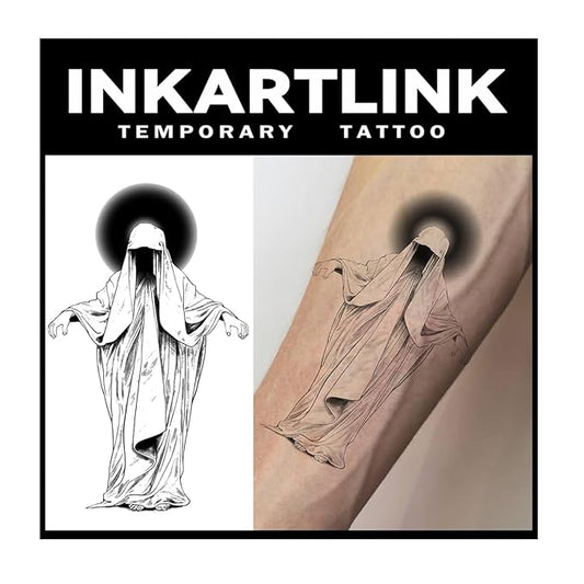 INKARTLINK Tattoo Tech, 2 Sheets Medium Semi Permanent Tattoo, Adult Art Design Temporary Tattoos, Lasts 1-2 Weeks, Waterproof, Realistic Look, No Adhesive, No Reflection (Messenger Design)