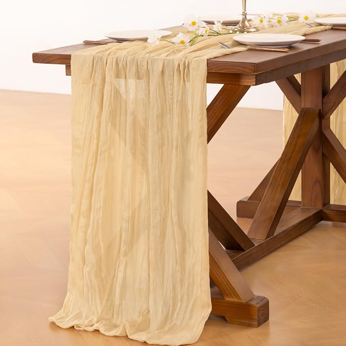 Socomi 3pcs Gold Champagne Cheesecloth Table Runner Fall Thanksgiving Boho Rustic Gauze 120 inch 10FT Cheese Cloth Runner for Wedding Party Baby Shower Birthday Home Decor Holiday Decorations