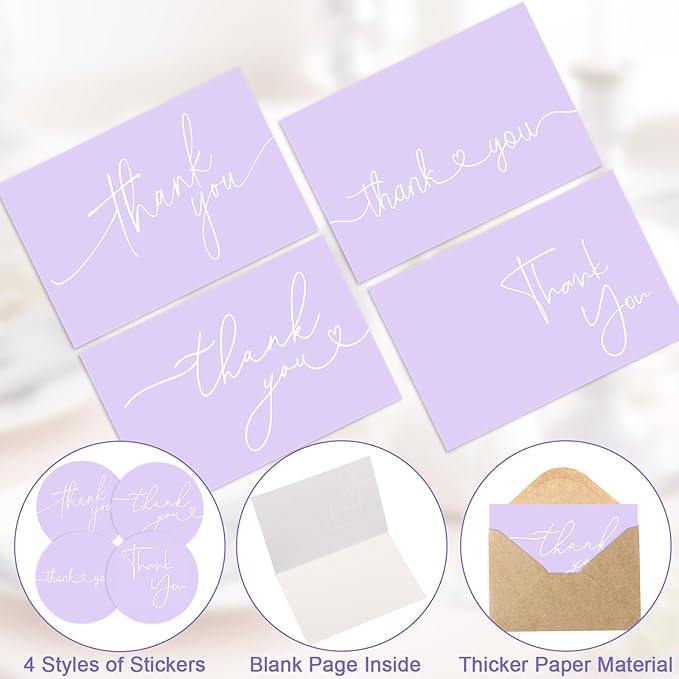 Teling 200 Set Thank You Cards with Envelopes Bulk, 6 x 4 Inch Blank Thank U Greeting Notes with Brown Kraft Envelopes Stickers Thankyou Card Set for Graduation Wedding Birthday Baby Shower(Purple)