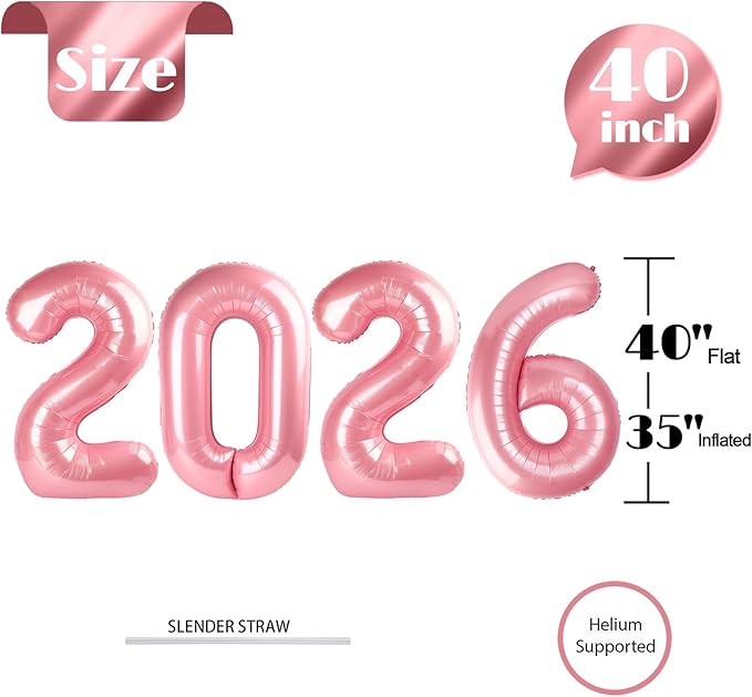 2026 Balloon Numbers - 40 Inch Pearlescent Pink New Years Eve Party Supplies 2026, Nye Decor Party Decorations Happy New Year, New Years Eve Foil Party Balloons