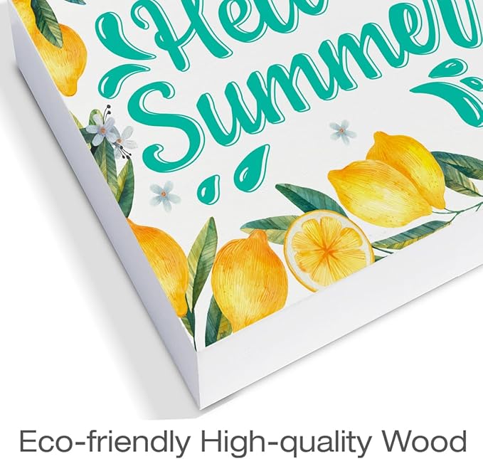 Lemon Decor Hello Summer Wood Block Sign Summer Decorations for Home Kitchen 5 x 5 Inches