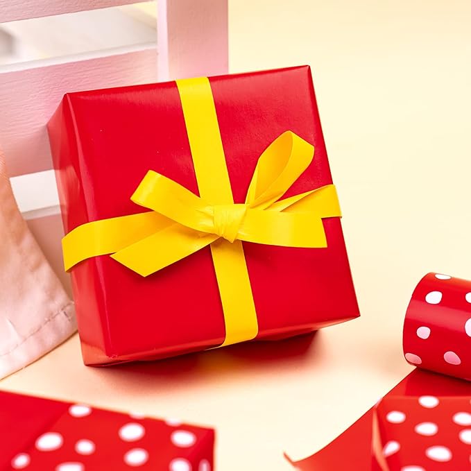 WRAPAHOLIC Reversible Wrapping Paper - Mini Roll - 17 Inch X 33 Feet - Red and Delicate Polka Dots Design for Birthday, Holiday, Wedding, Baby Shower