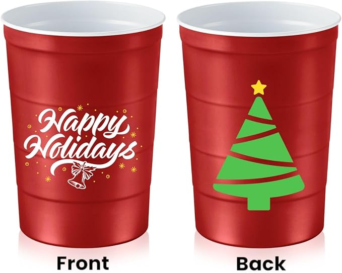 16 oz. Party Cups 'Happy Holidays' Christmas Tree Design for Cold Drinks, Durable, Disposable, Recyclable, Made in USA, Red, 12 Count