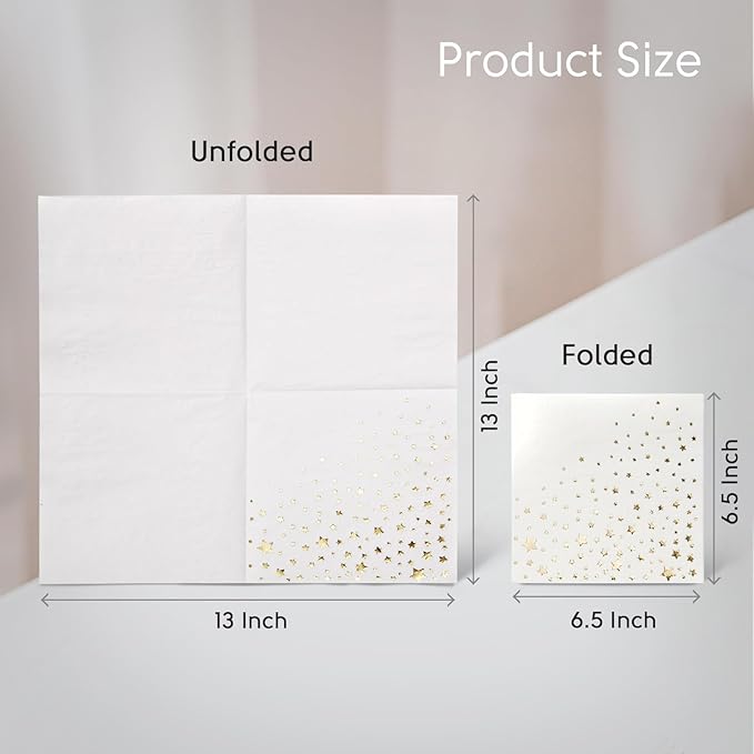 Stylish White and Gold Star Napkins - 50 Disposable Dinner Napkins, 6.5 x 6.5 Inch, Paper, Decorative for Parties