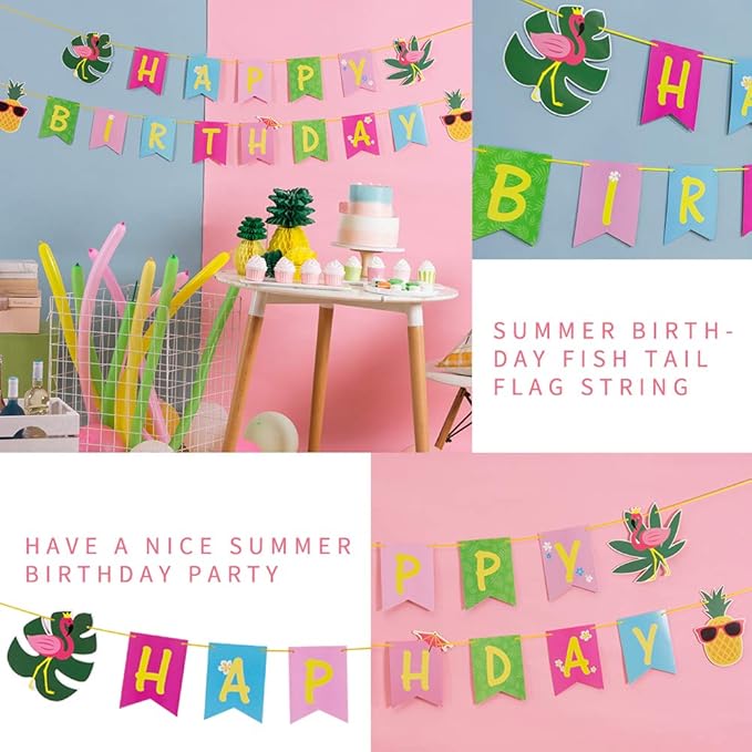 SUNBEAUTY Hawaiian Aloha Party Tropical Happy Birthday Banner Luau Birthday Flamingo Pineapple Palm Leaf Banner for Summer Birthday Party Decorations Supplies | Pre-Strung