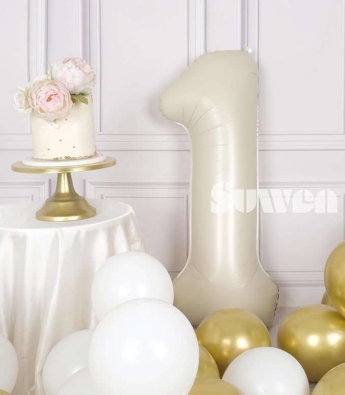 SUWEN 40 Inch Cream White Large 1 Balloon Numbers Big Foil Helium Number Balloons 0-9 Jumbo Happy 1st Mylar Birthday Party Decorations for Boy or Girl Anniversary Party Supplies