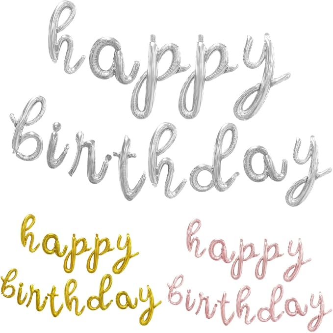 BALLOON VIBE Happy Birthday Balloon Banner - Script/Cursive Gold Mylar Foil Letters Banner for Birthday Decor - Balloons Letters Sign with 4 Straws & Ribbon Roll