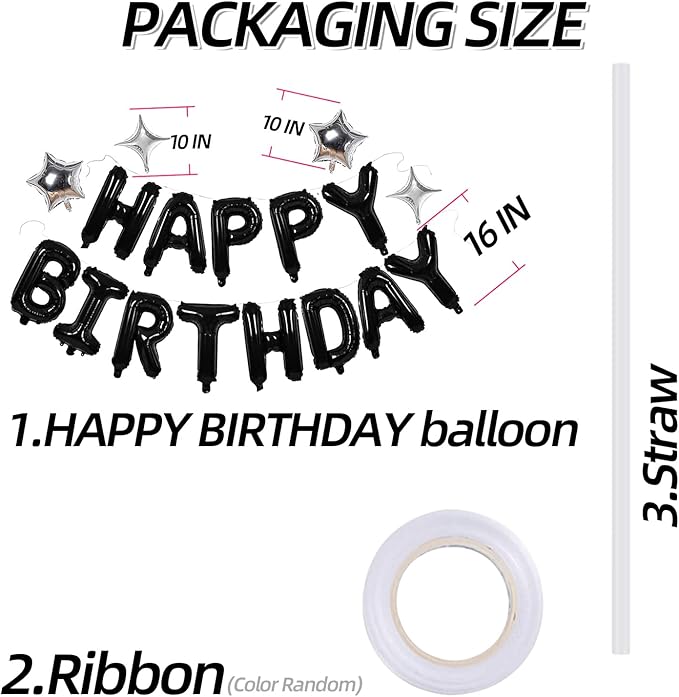 Black Happy Birthday Banner Balloon Aluminum Foil 16 Inch Letter,10 Inch Five Pointed Star Four Pointed Star Suitable for Kids, Men, Women, Boys and Girls Party Decoration Supplies
