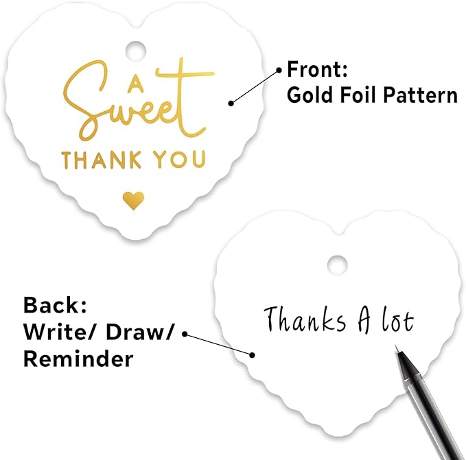50pcs Gold Foil Thank You Tags with String, Pre-Punched Hole Gift Tags with String - Perfect for Weddings, Baby Showers, Parties, Celebrations - A Sweet Thanks You(2.36"*2.16")