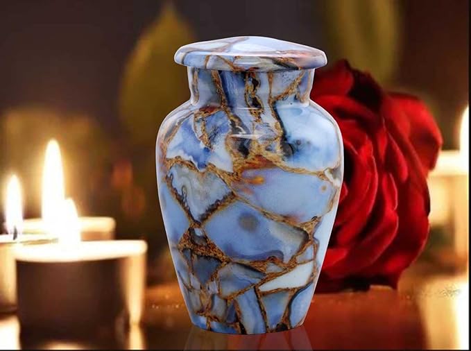 Small Keepsake Cremation Urns for Human Ashes - Marble Finish Metal Keepsake Urn - Mini Cremation Urn for Pet Ashes - Handcrafted Memorial Urn - Funeral Urns with Velvet Bag (Luxury Blue)