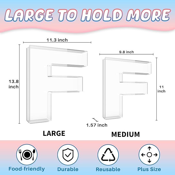 13.8" Extra Large Acrylic Letter Charcuterie Board Box, Reusable Fillable Letter Cake Candy Dish Display Serving Tray for Birthday Anniversary Party Decoration (F)
