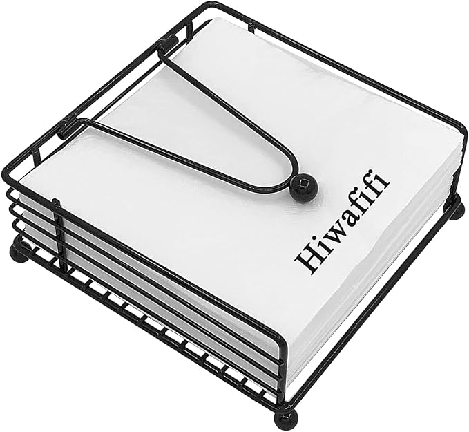 Napkin Holder for Table, Flat Napkin Dispenser with Weighted Arm, Square Cocktail Paper Holder of Elegant Rustic Iron for Kitchen Dining Room Decor Restaurant Farmhouse Hotel Party, Black