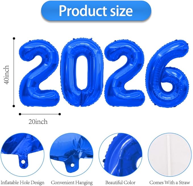 2026 Balloons 40 Inch Foil Number Balloons 2026 Number Balloon for New Year Eve Festival Christmas Birthday Wedding Anniversary Party Supplies, New Years Decorations Blue