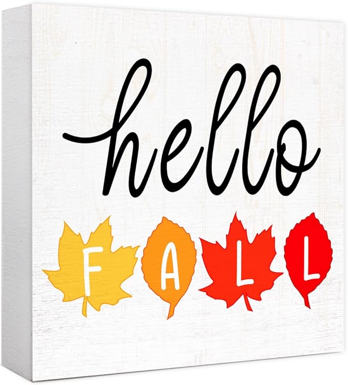 Hello Fall Wood Box Sign Funny Autumn Maple Leaves Wooden Block Desk Decor for Home Office Kitchen Cubicle Table Shelf Tabletop,Farmhouse Fall Sign Decor