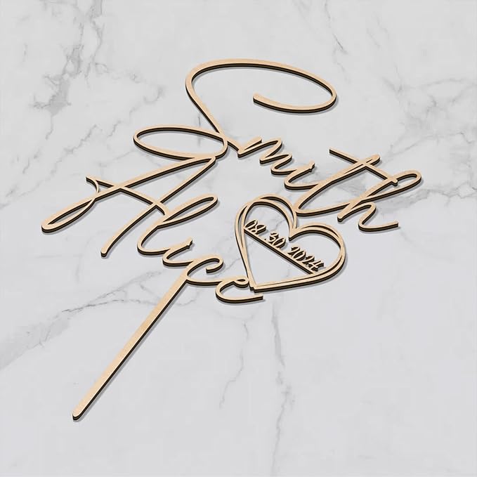 Personalized Wedding Cake Topper with Custom Bride and Groom's Names and Wedding Date in Heart Cake Decoration in Wood