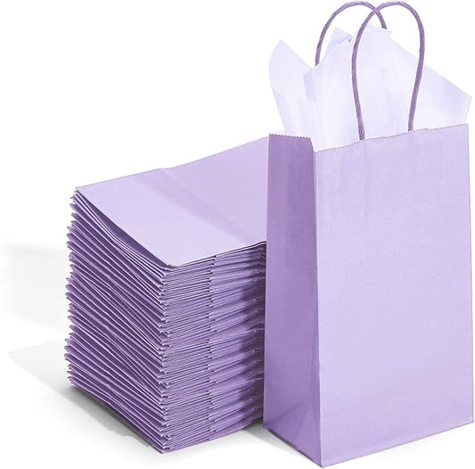 DjinnGlory 100 Pack Small Lavender Purple Paper Gift Bags with Handles Bulk 9''x5.5''x3.15'' for Birthday Wedding Baby Shower Parties Goodies, Purple Business Shopping Bags