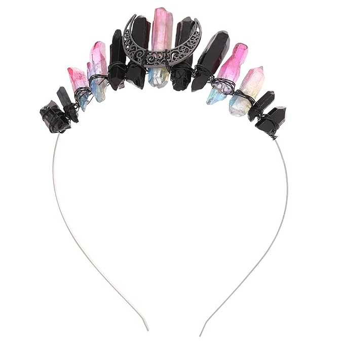 Fairy Crystal Moon Headband for Women - Black and Pink Raw Quartz Witch Tiara Crowns, Fairy Elf Circlet Gothic Queen Headpiece for Wedding Renaissance Cosplay Halloween Headwear