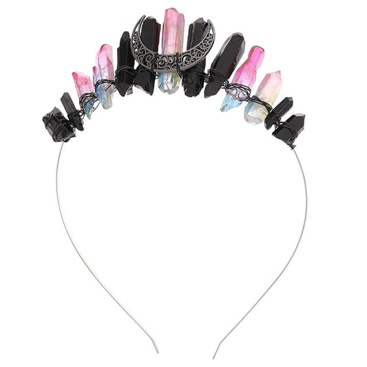 Fairy Crystal Moon Headband for Women - Black and Pink Raw Quartz Witch Tiara Crowns, Fairy Elf Circlet Gothic Queen Headpiece for Wedding Renaissance Cosplay Halloween Headwear