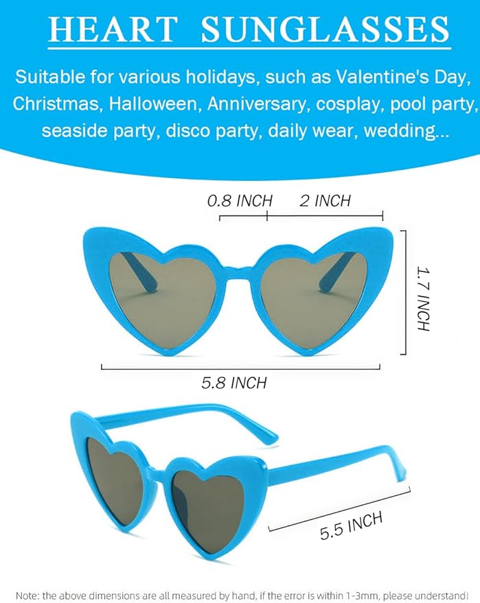 8 Pack Heart Sunglasses Vintage Cat Eye Heart Glasses Retro Bachelorette Bride Sunglasses Bulk for Women