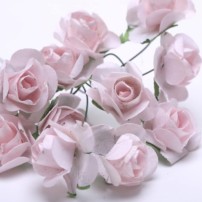 144pcs Mulberry Paper Mini Roses Artificial Flowers Heads with Stems for DIY Crafts Accessories Make Bridal Hair Clips Headbands Dress Wedding Bridal Bouquets Party Home Decor Valentine's (Light pink)