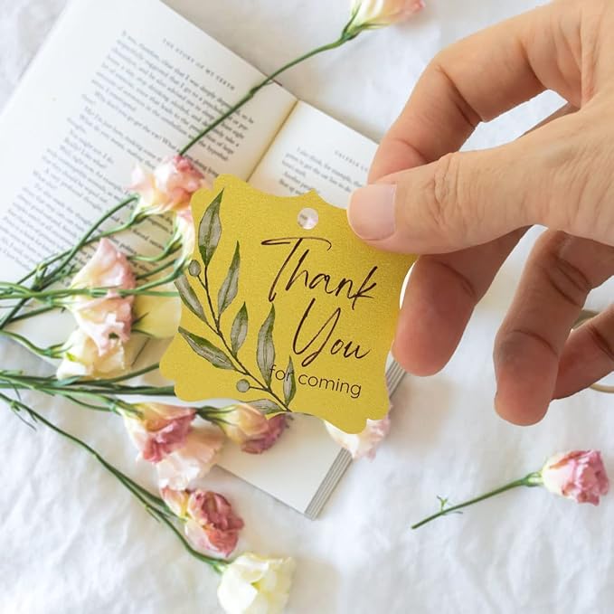 Summer-Ray 50pcs Thank You Tags Wedding Birthday Bridal Shower Favors Gift Tags with Olive Leaves (Shimmered Gold Thank You for Coming)